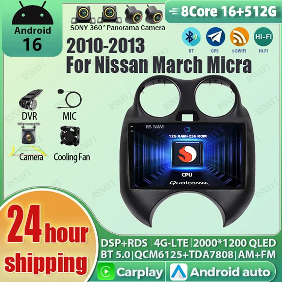 Radio Multimedia para Auto con Android 16 y Carplay para Nissan March Micra 2010-2013, 16G-512G, Autoradio Estéreo Qualcomm con Wifi