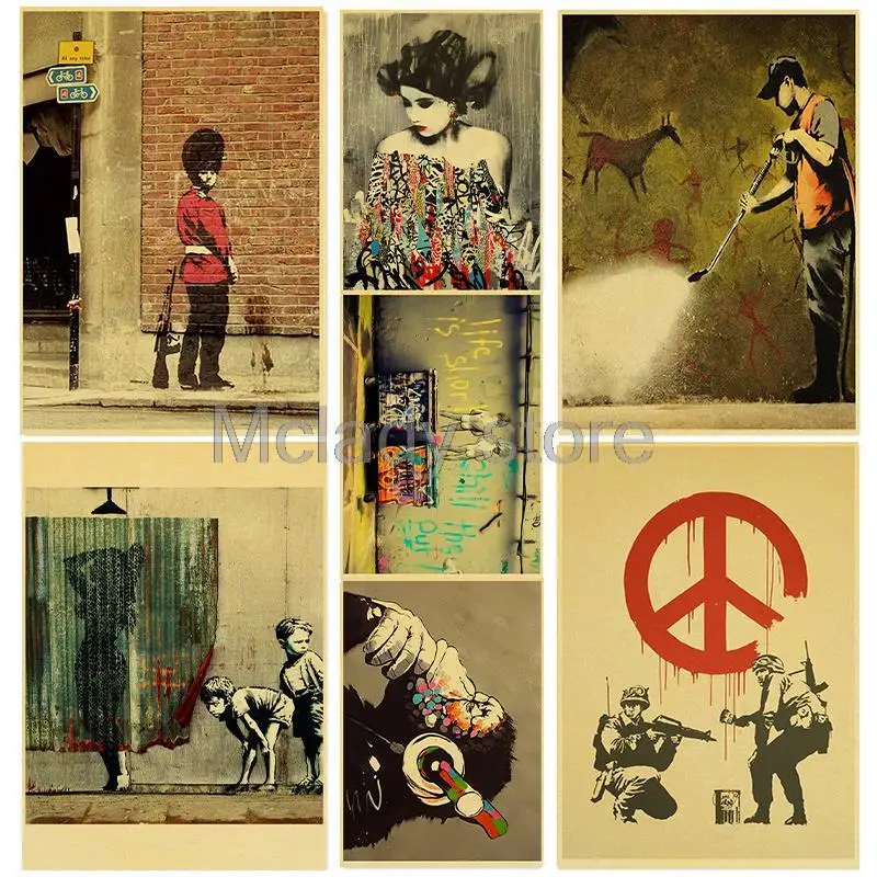 Vintage Kraft Paper Banksy Graffiti Art Abstract Painting Posters and Prints Wall Art Home Decor