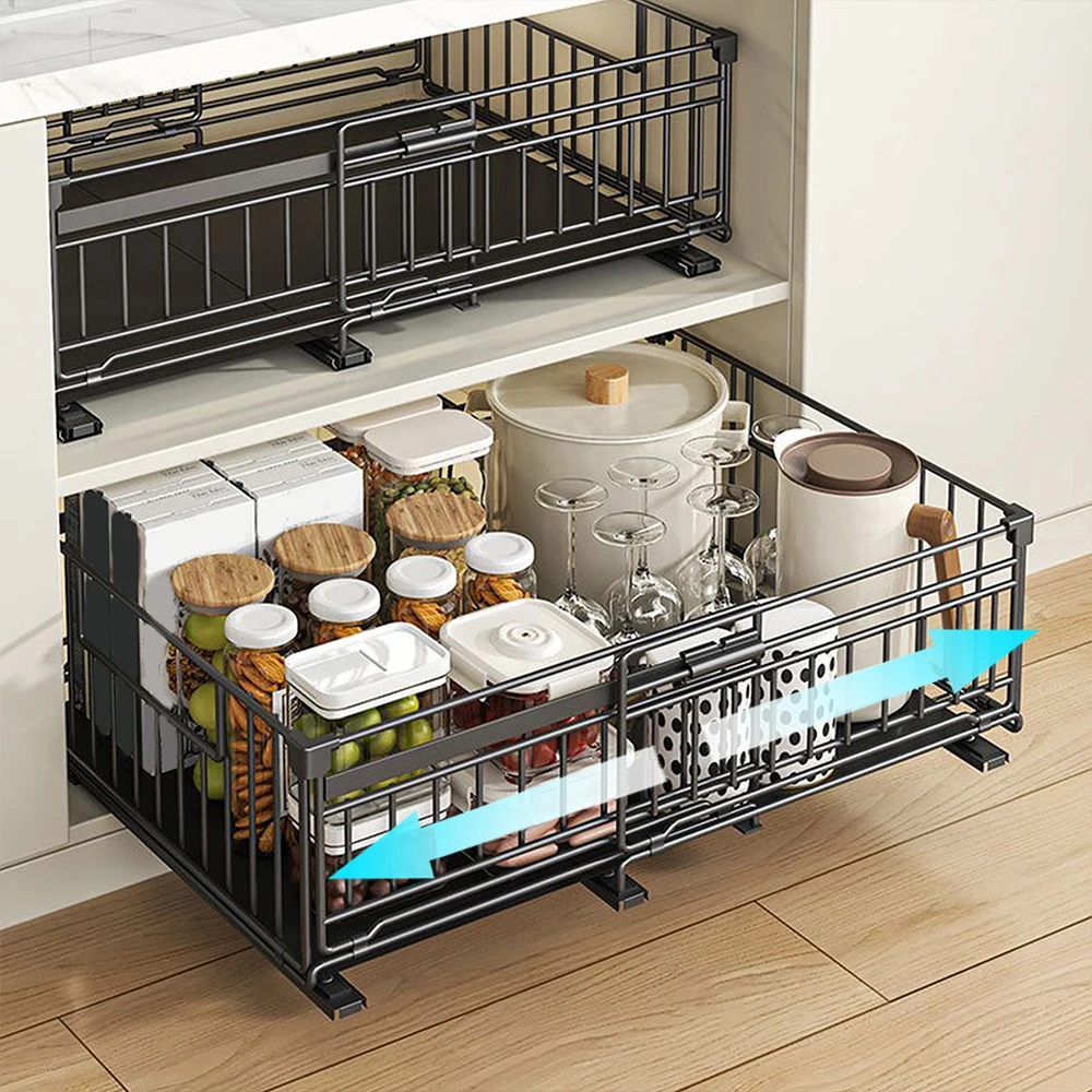 Étagère de rangement coulissante en acier carbone, forte capacité de charge, design extensible avec coussinets en PVC, facile à nettoyer, installation sans clous pour cuisine, chambre et armoires.