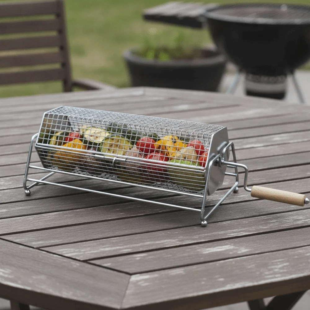 Hexagonal Rolling BBQ Grill Mesh Basket with Wood Handle Stainless Steel Rotating Barbecue Cage Rust-proof Corrosion-resistant