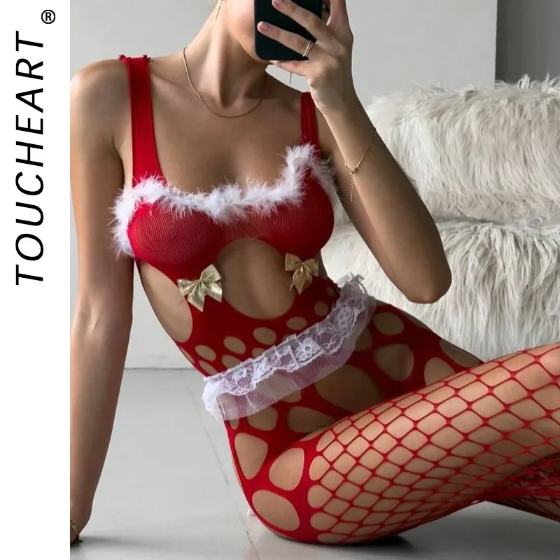 

Toucheart Christmas Erotic Bodysuit Net Clothes Skinny Gather Together Hollow Out Seductive Seductive Nightclub Party Dance Suit