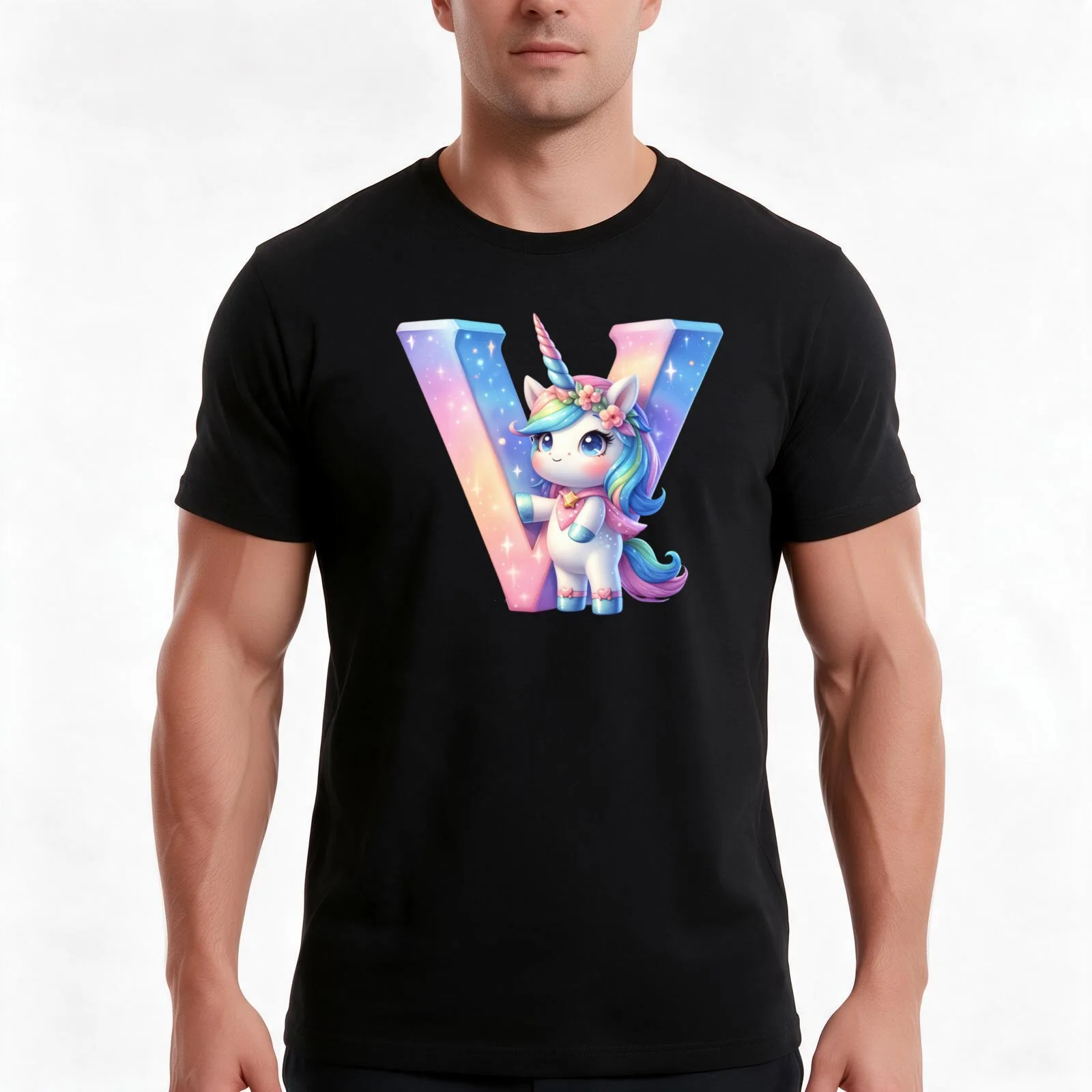 Unicorn kawaii alphabet monogram letter V T-Shirt, Summer Casual Cotton Tee, Oversized Streetwear Tops, Vintage Graphic Print