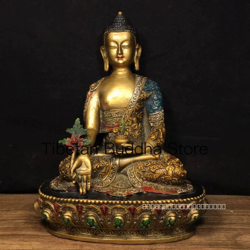 

22.5cm Ancient Chinese Tibetan Pure Copper Painted Buddha Statue of Shakyamuni Pharmacist Decoration