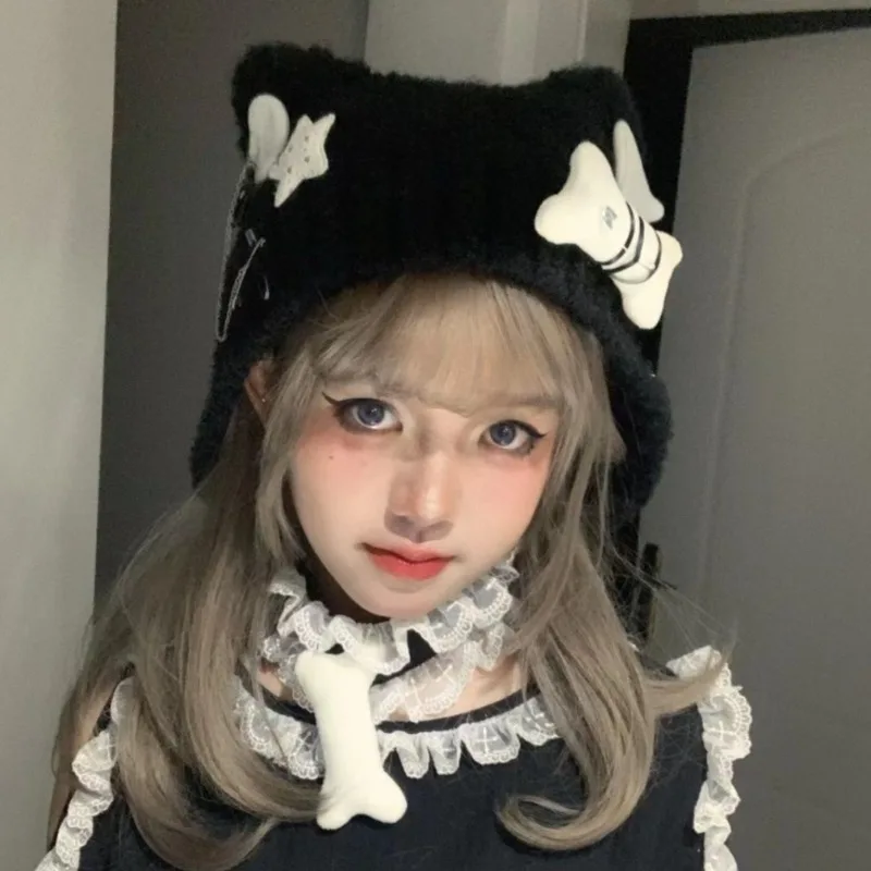 

Y2k Harajuku Star, плюшевая вязаная шапка с костями, женская готическая панк-шапка с крыльями ангела, черная шапка-бини, теплая защитная шапка для ушей, осень-зима