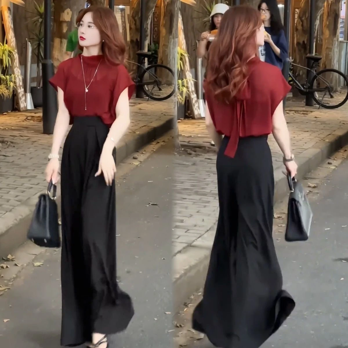 Elegant Summer Fashion Women's Short Sleeve Chiffon Top High Waist Wide Leg Pants Two Piece Set Age Reducing Casual Sportswear