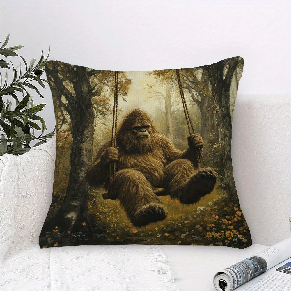1pc Funny Bigfoot on Swing Pillow Cover, Polyester 2D Double-Sided Print, Whimsical Sasquatch Forest Art, Cryptid Lover Home & C