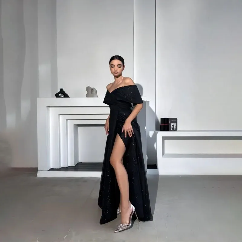 Vestido de noche negro con purpurina y lentejuelas, elegante vestido largo con abertura frontal para ocasiones especiales, 2024