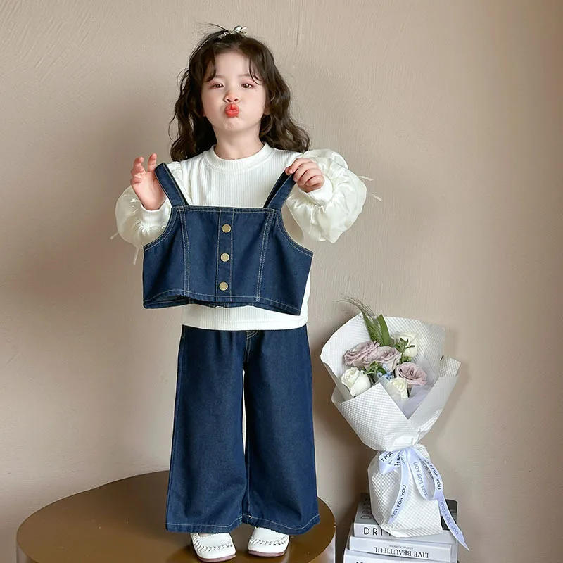 New Western style children's Korean suspender denim three piece set for girls' spring and autumn clothing