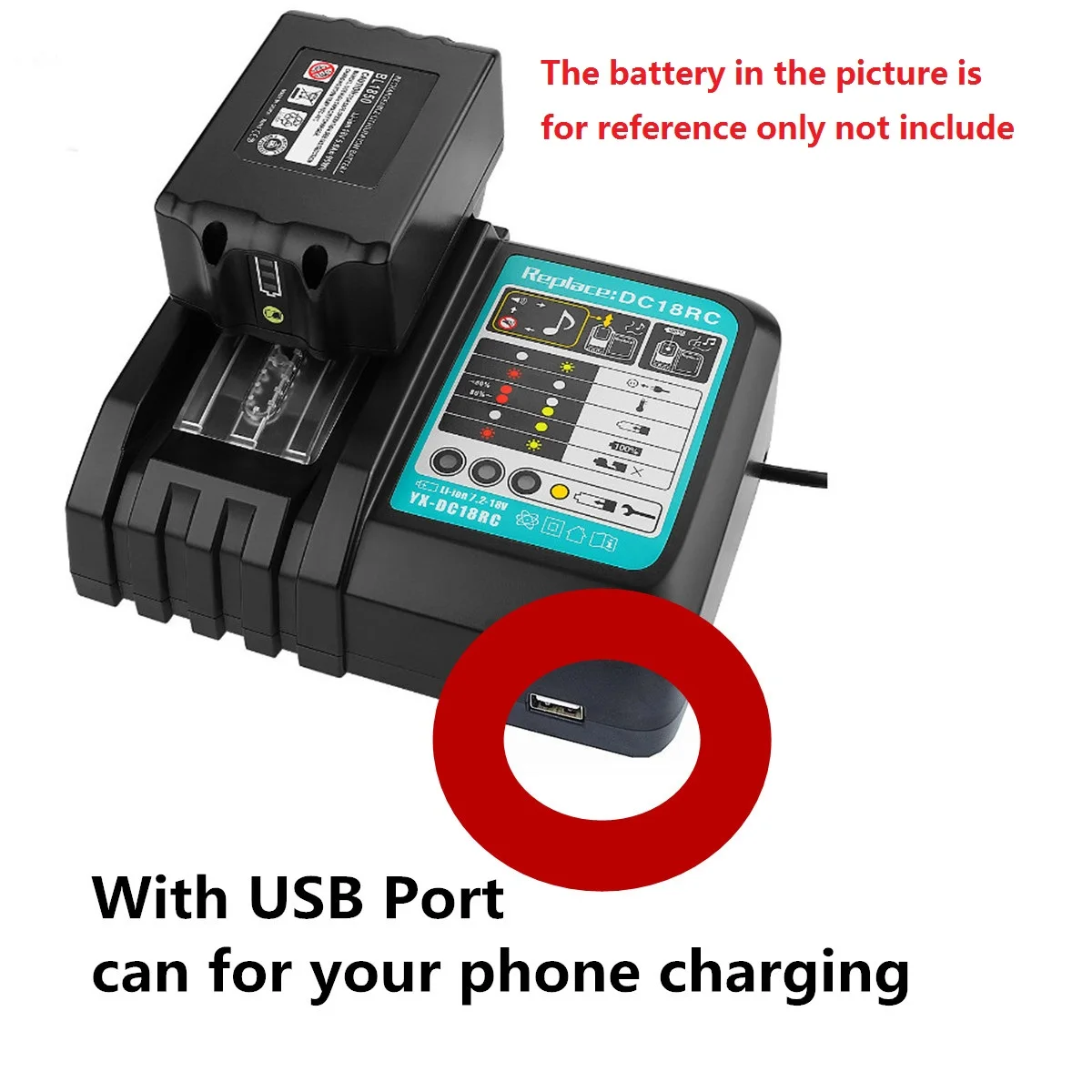 Li-ion Battery Charger 3A Charging Current for Makita 14.4V 18V BL1840 BL1830 BL1815 Bl1430 BL1415 DC18RC DC18RA with USB port