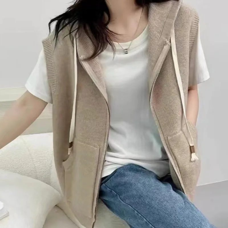 

Spring Autumn Young Fashion Hooded Niche Casual Ins Zipper Sweater Vest for Women Knitted Solid Pockets All-match