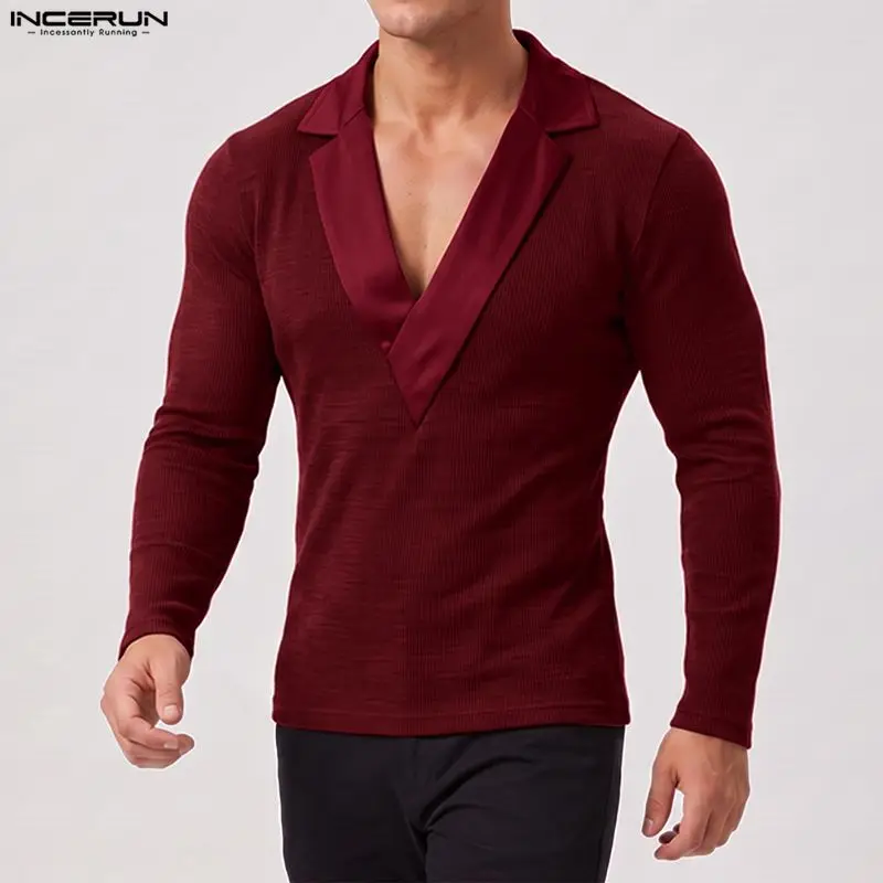2026 Men Sweaters Lapel Collar Long Sleeve Patchwork Male Pullovers Streetwear Knitted Stylish Cozy Casual Men Clothes INCERUN