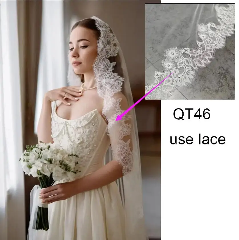 Mantilla-Schleier, komplett mit Spitzenkante, versteckter Kamm, Breite=1,5 Meter, QT46-1T150CM