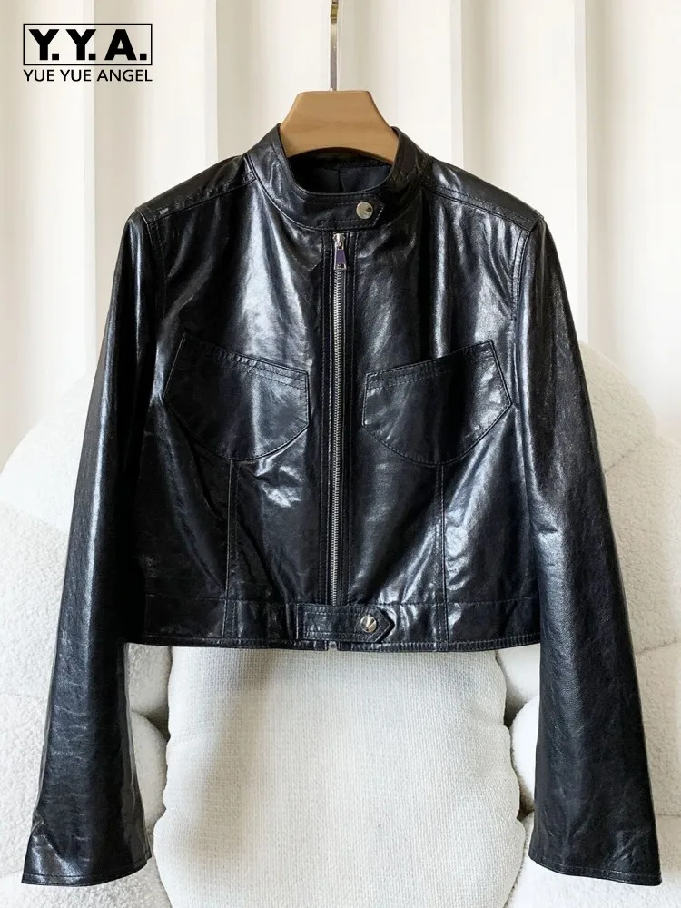 

Retro Zipper Stand Collar Genuine Leather Short Jacket High Quality Ladies Sheepskin Coat Solid Color Long Sleeves Outwear