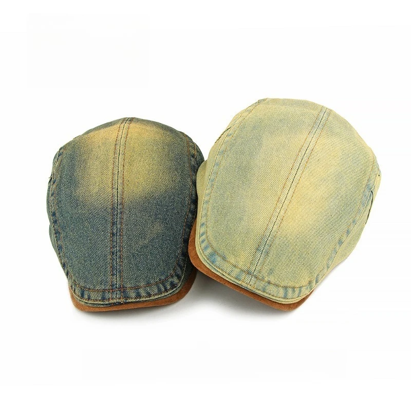 Vintage Gradient Washed Denim Ivy Cap Suede Brim Buckle Flat Beret Hat Breathable Jean Cap for Driving Fishing Daily Streetwear