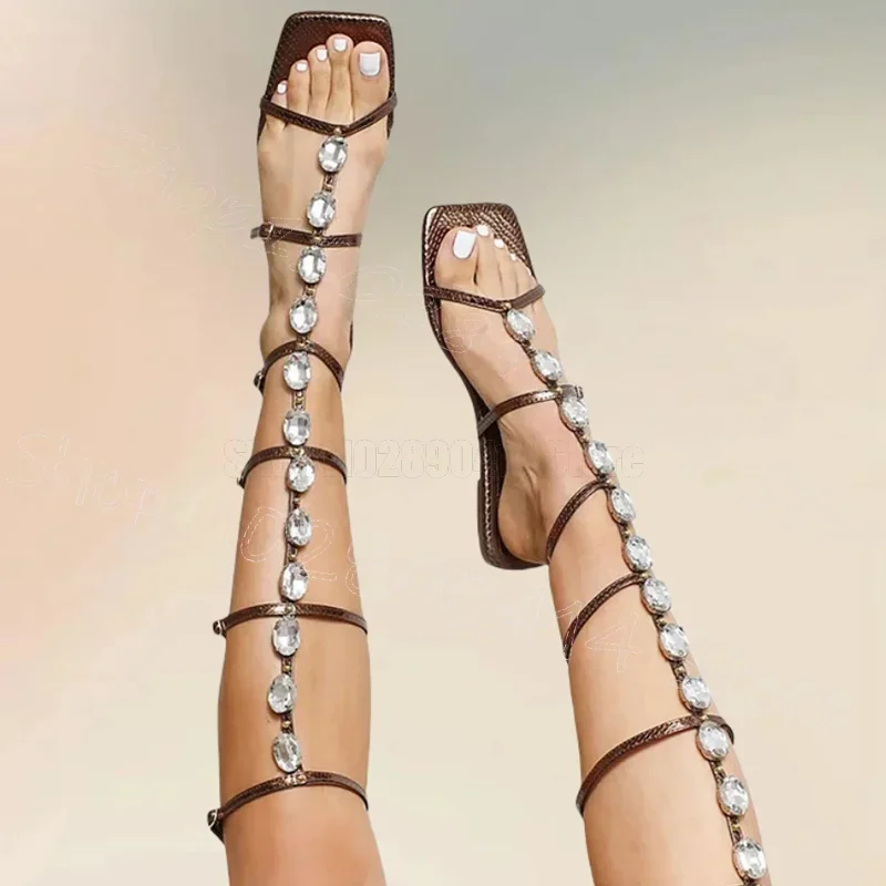 

Crystal Decor Brown Hollow Design Sandals Boots Buckle Strap Women Shoes Low Top Fashion Party Banquet 2025 Zapatos Para Mujere