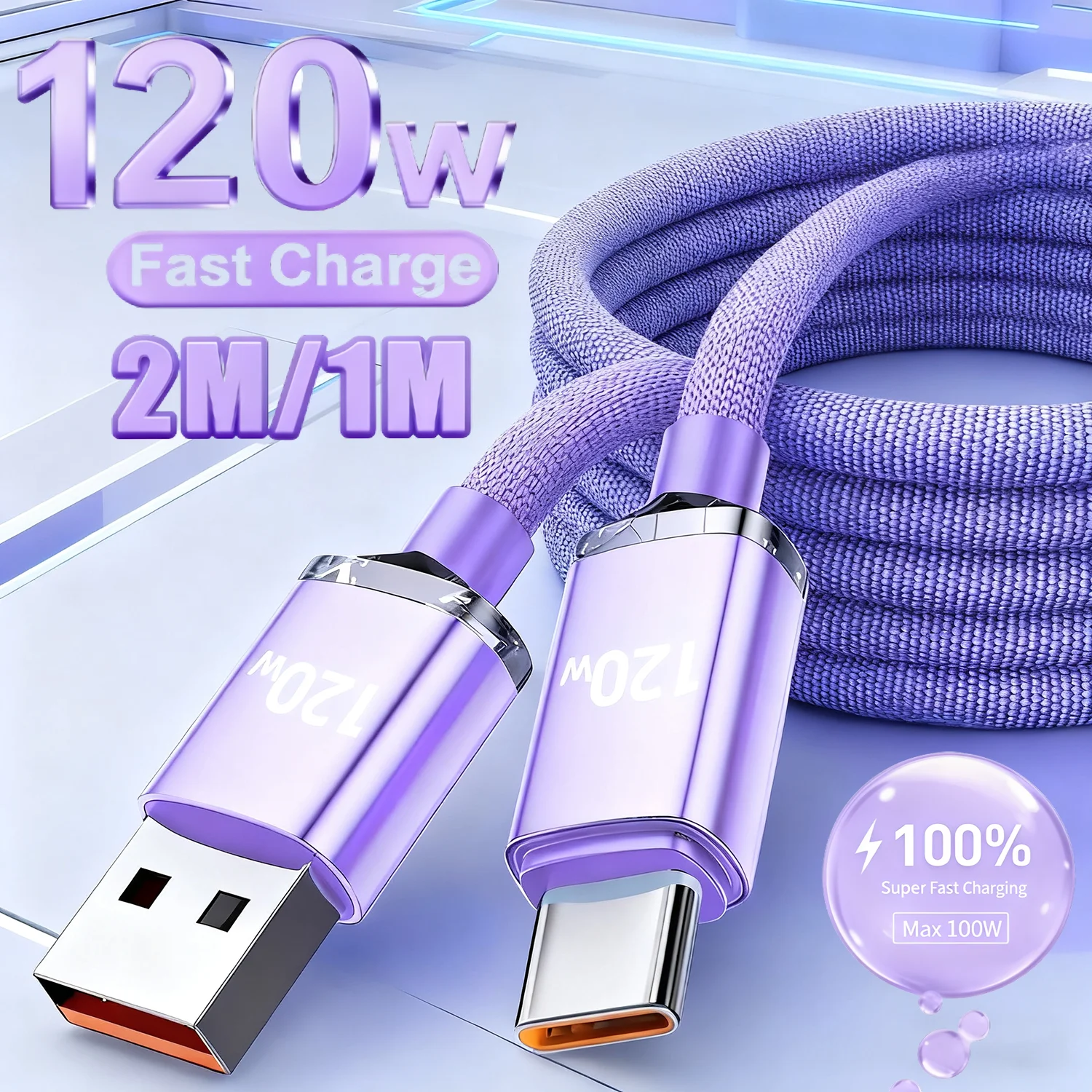 Cavo USB a tipo C a ricarica rapida da 120 W per iPhone Cavo dati per caricabatterie Huawei Cavo di ricarica rapida 6A per Samsung Xiaomi Oppo 1 Cavo da 2 m