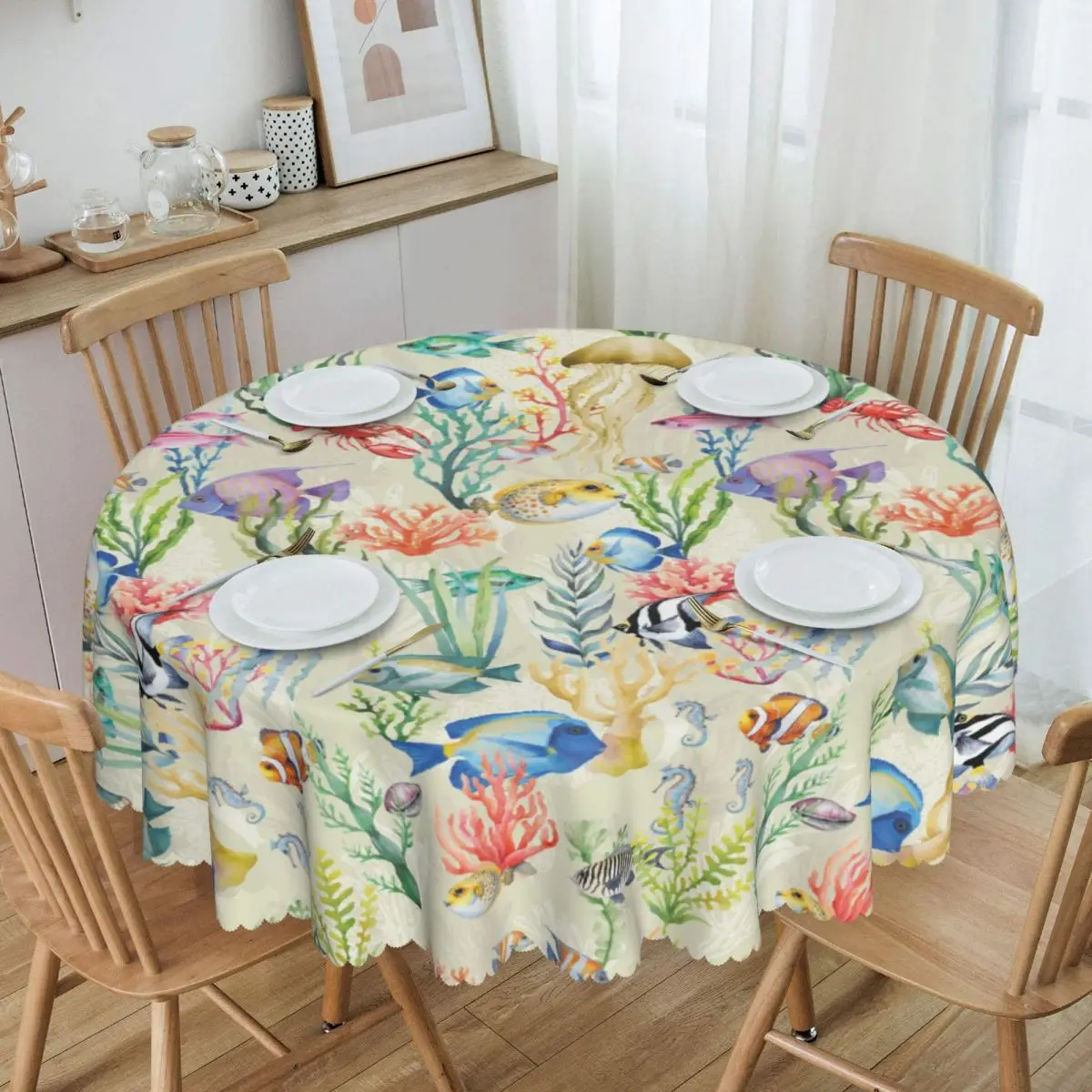 Custom Round Underwater World Fish Tablecloth 60 inches Kitchen Dinning Table Cloth Waterproof Ocean Theme Table Covers