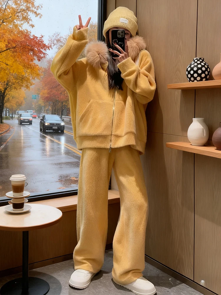 Modny, wyszczuplający damski komplet z dużym futrzanym kołnierzem, casualowy modny sweter, kurtka, szerokie nogawki, dwuczęściowy zestaw zimowy.