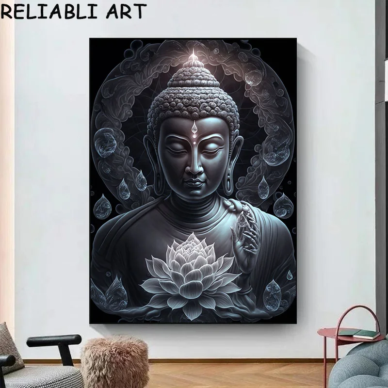 Abstract Lotus Flower Buddha Portrait Poster and Prints, Canvas Painting, Wall Art Pictures for Living Room Home Decor No Frame