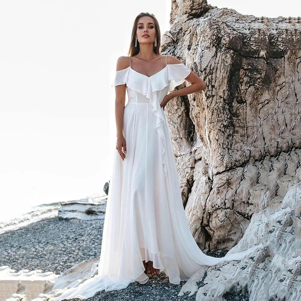 2022 neuesten zum Verkauf Strand Brautkleider Boho Chiffon Kleider aus Schulter ärmel Braut rücken frei V-Ausschnitt