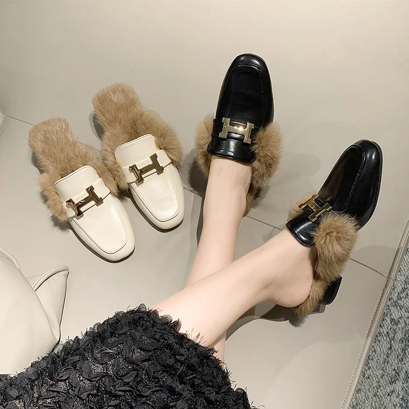 Fur Women Slippers Metal Decoration Fringe Appliques Slides Winter 100% Real Rabbit Hair Shoes Woman Indoor Big