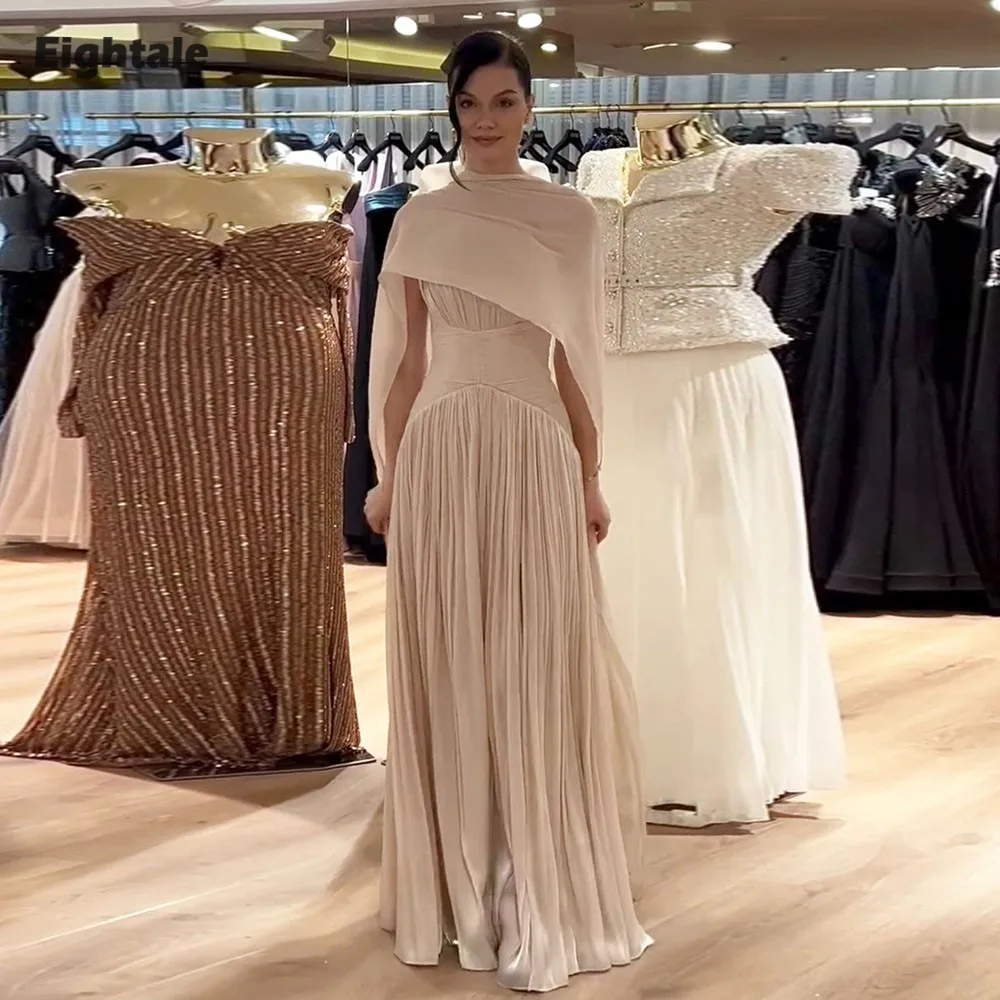 

Eightale Arabic Evening Dress Strapless Floor Length Crepe Customized A-Line Pleats Prom Wedding Party Gown