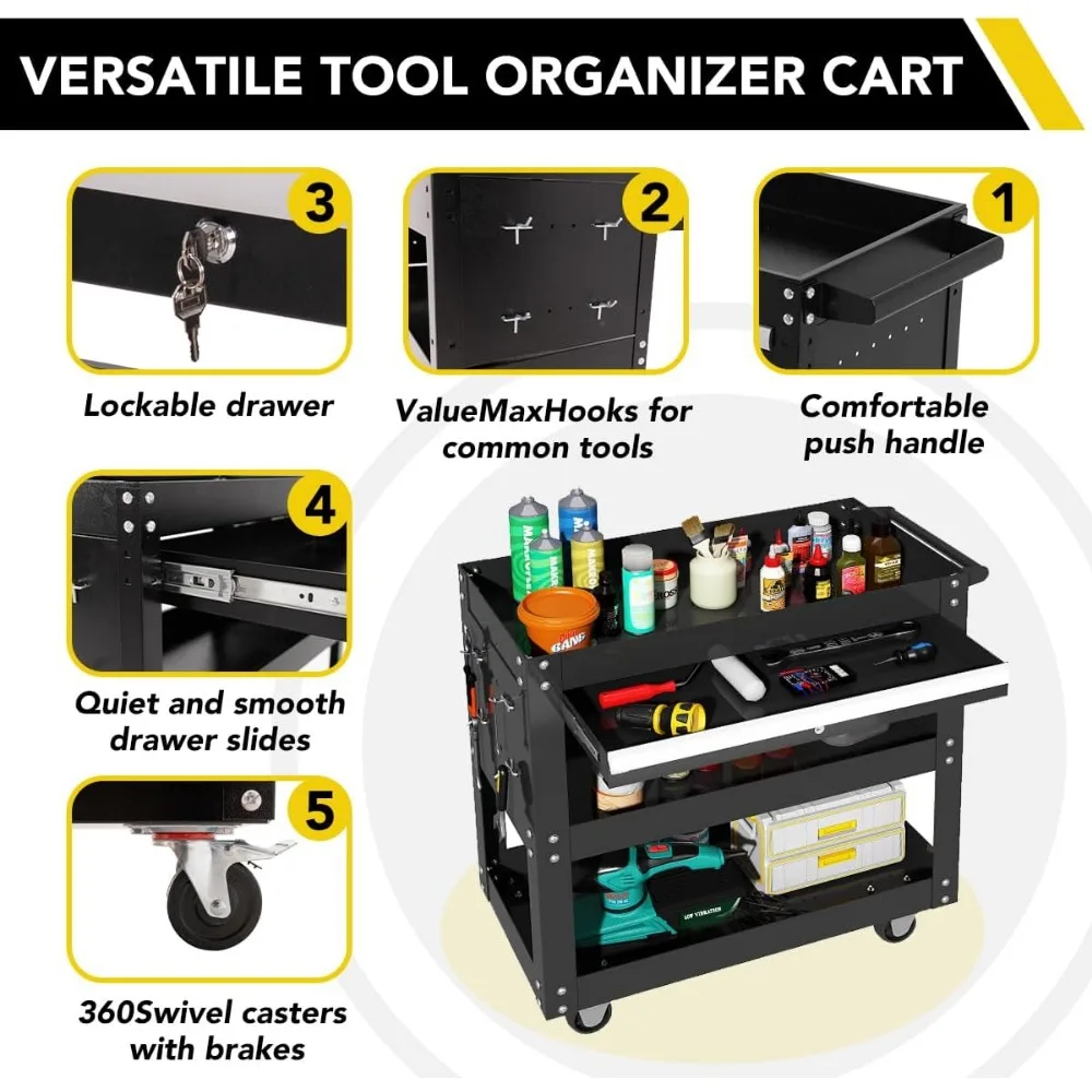 Coffre à outils avec roues, boîte à outils roulante à 3 niveaux avec roues, SUN & Shutter ER, capacité de 330 lb, utilitaire industriel rapide