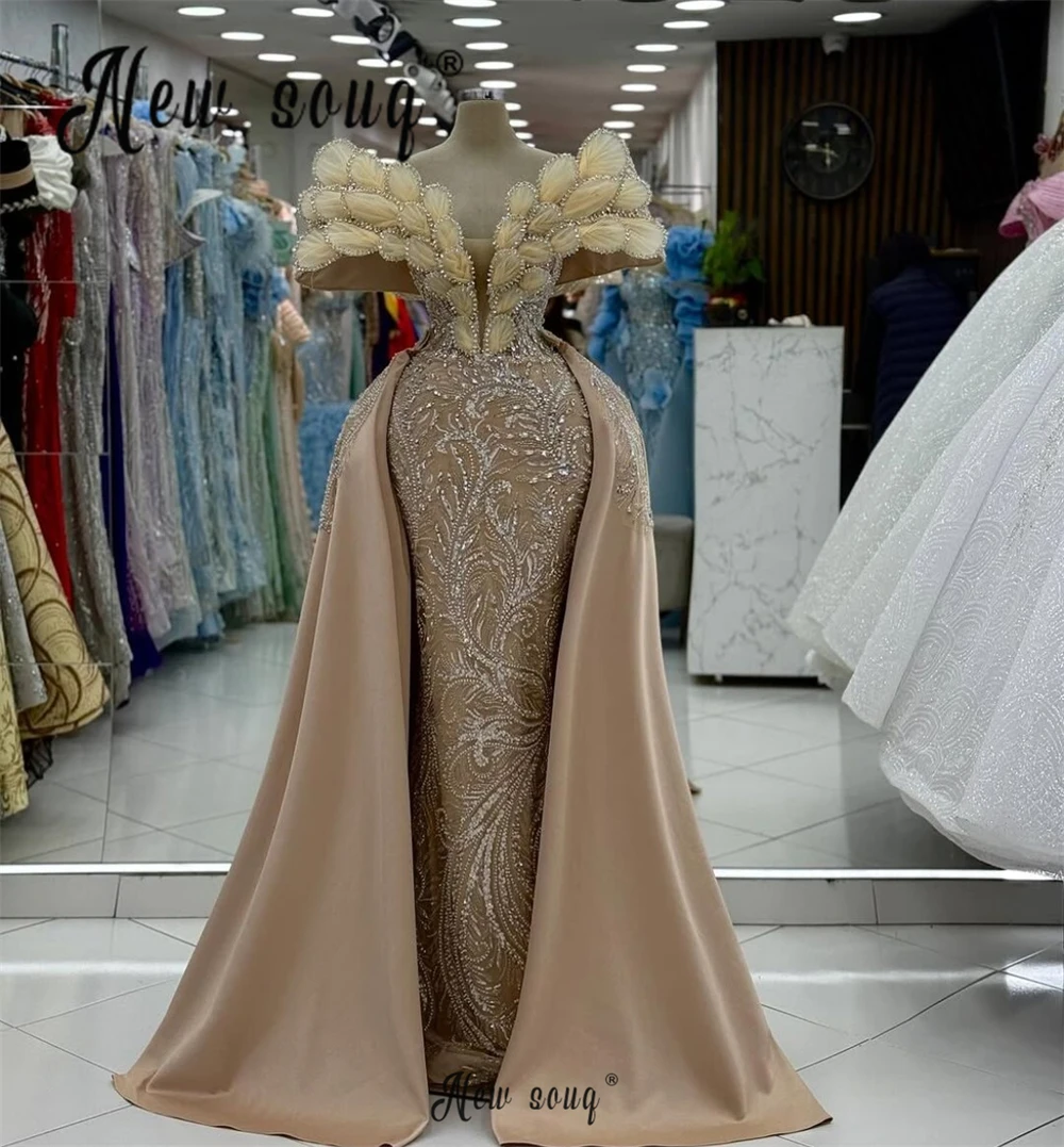 African Champagne Luxury Evening Dress With Overskirt Off Shoulder Open  Cermony Dress Plus Size Wedding Guest Gown Customized - AliExpress