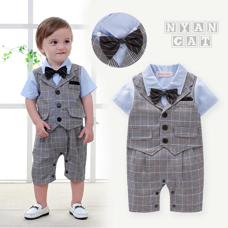 Baby Boys Summer British Style Plaid Jumpsuit Grey Short Sleeve Striped Bowtie Infant Romper Bodysuit Creeper 2 Piece Outfit