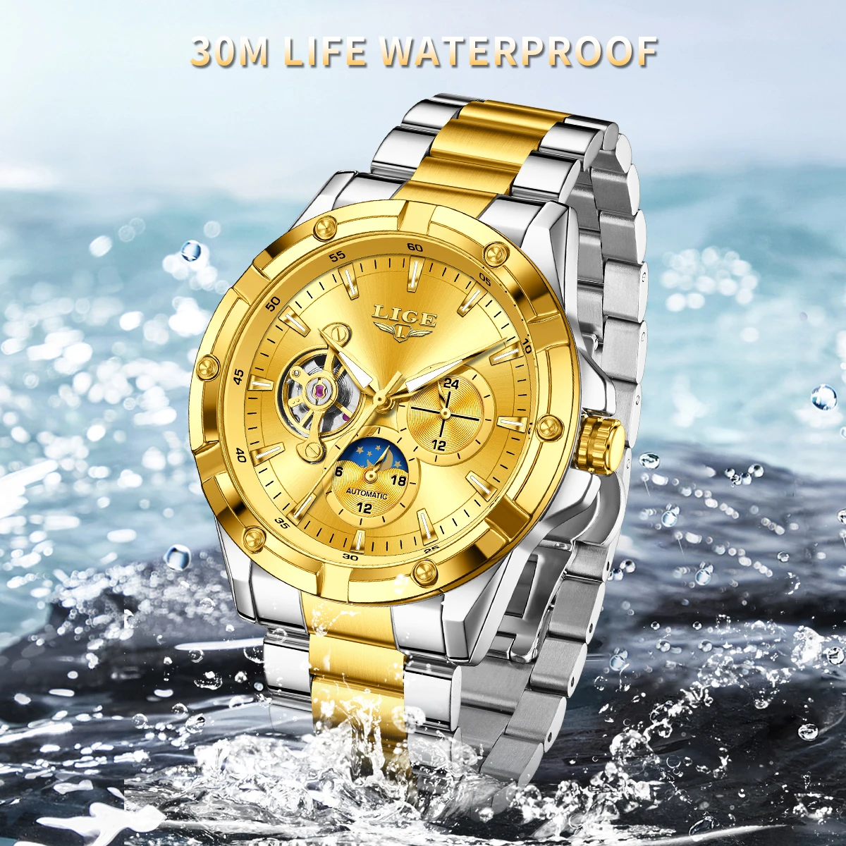 LIGE ساعات رجالية الأعمال مضيئة مقاوم للماء ساعة ميكانيكية موضة القمر المرحلة الفاخرة ساعة يد رجالي montres hommes