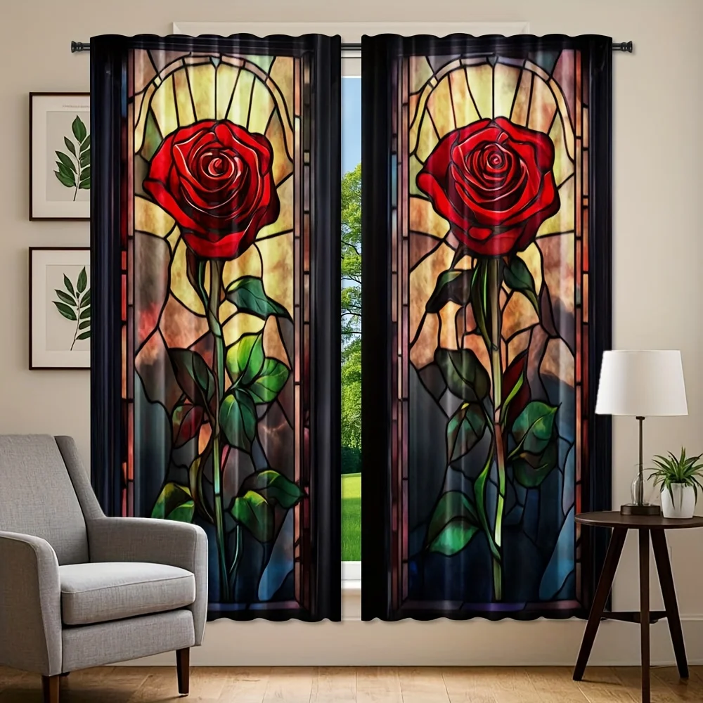 Mosaic Stained Glass Red Rose Curtain 2 Panels Multi Color Glass Sliver Single Bloom Inn Room Curtain Romantic Art Bedroom Home