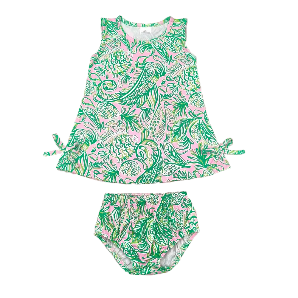 

GBO0343 Baby Girls Green Fishes Tunic Top Bummies Clothes Sets