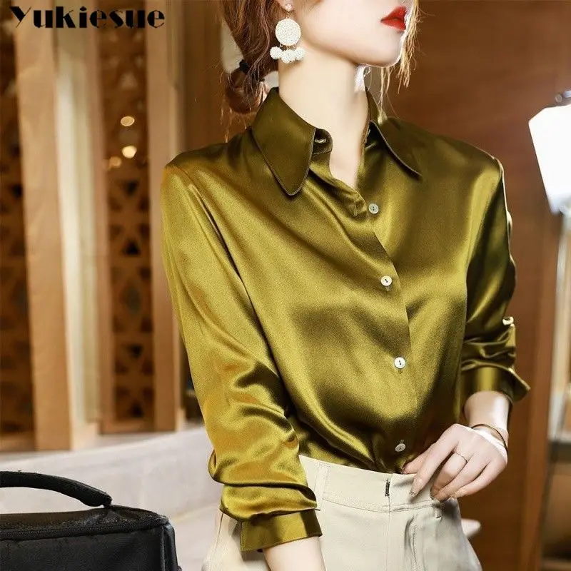 

Women 2022 Spring Autumn Fashion Button Up Satin Silk Shirt Vintage Blouse Female Long Sleeves Tops Ladies Loose Shirts