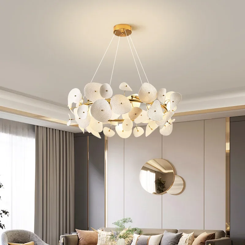 Modern Lotus Leaf Pendant Lights Luxury Cream Ceramic Pendant Lamp Long Restaurant Dining Room Golden Lighting Fixtures