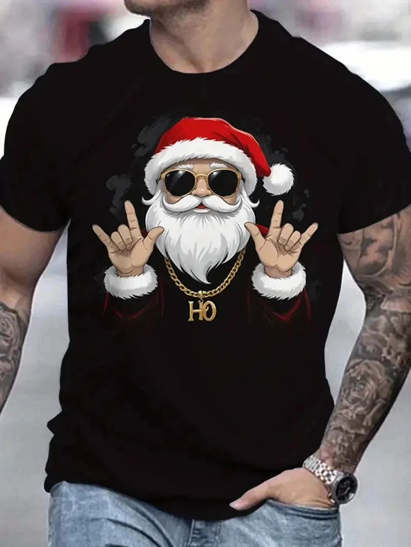 Men's 2025 Santa Claus Print T Shirt Christmas Novelty Round Neck