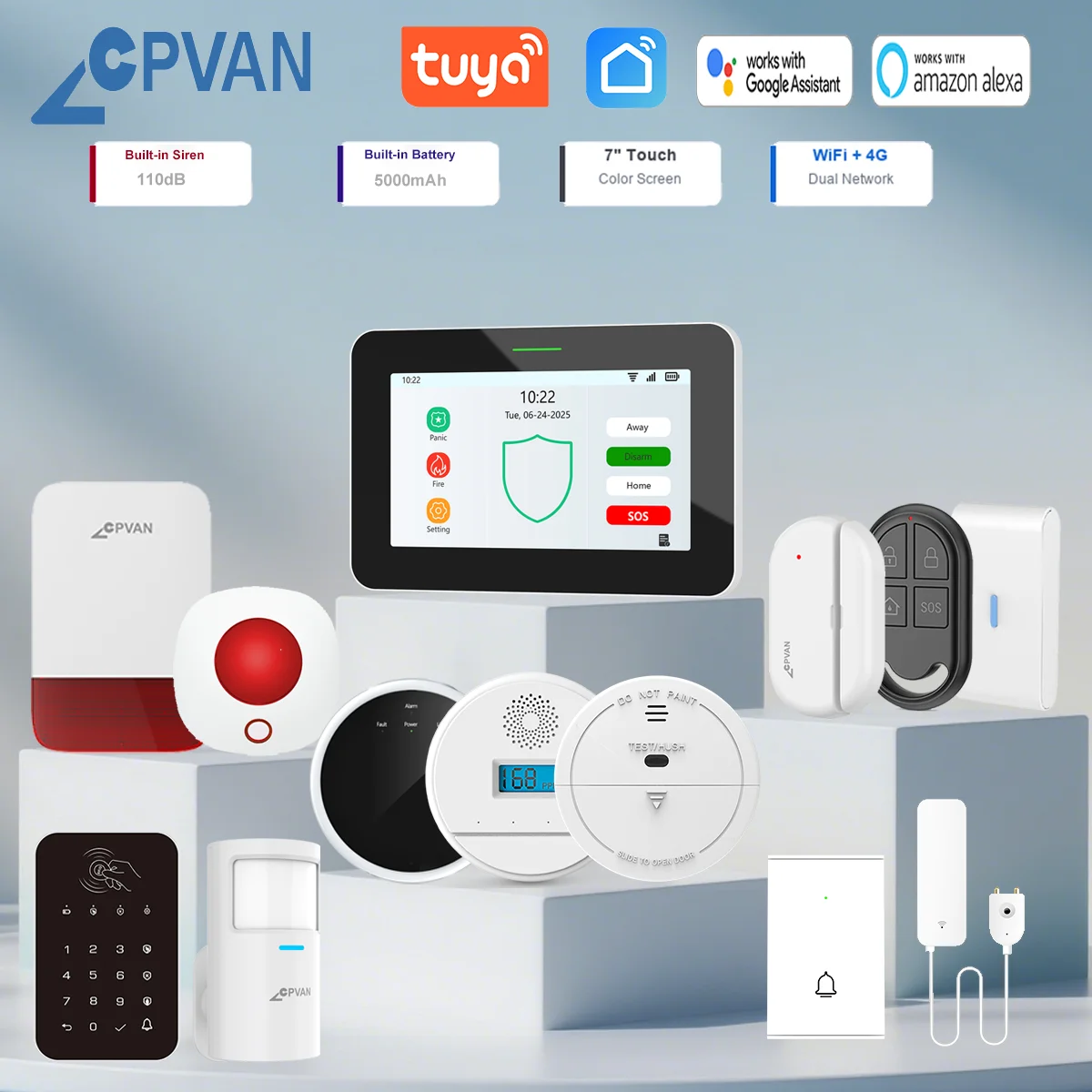 CPVAN Smart Home Alarm System Wireless WiFi+GSM 7 inch Home Burglar Security Protection Alarm Kit Support Tuya/Smart Life APP