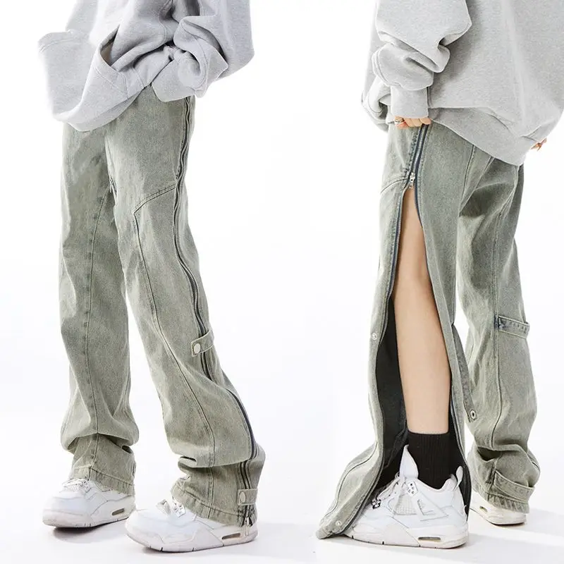 Summer yellow mud-colored niche made old washed side zipper jeans for men and women new straight slim mopping trousers