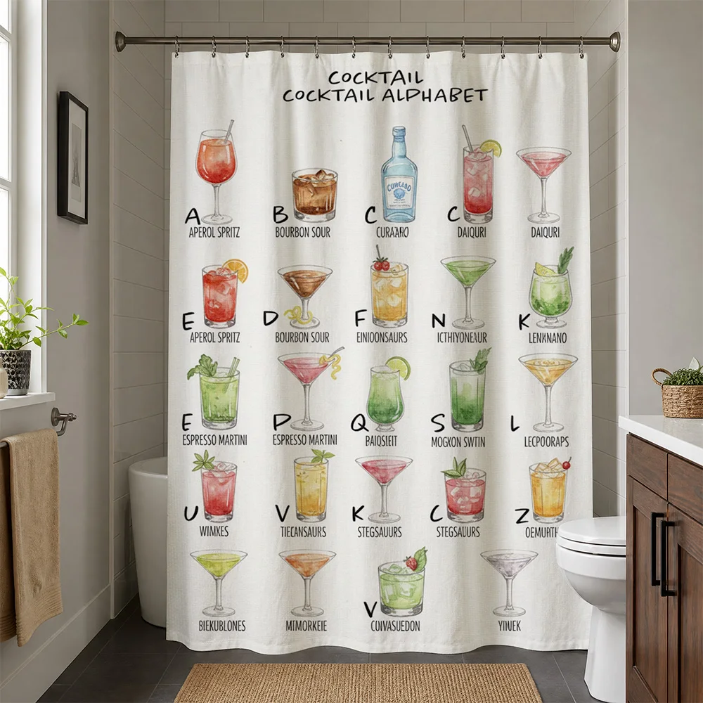Fun Cocktail Alphabet Shower Curtain Bathroom Decor Tropical Drinks Bar Party Shower Curtain