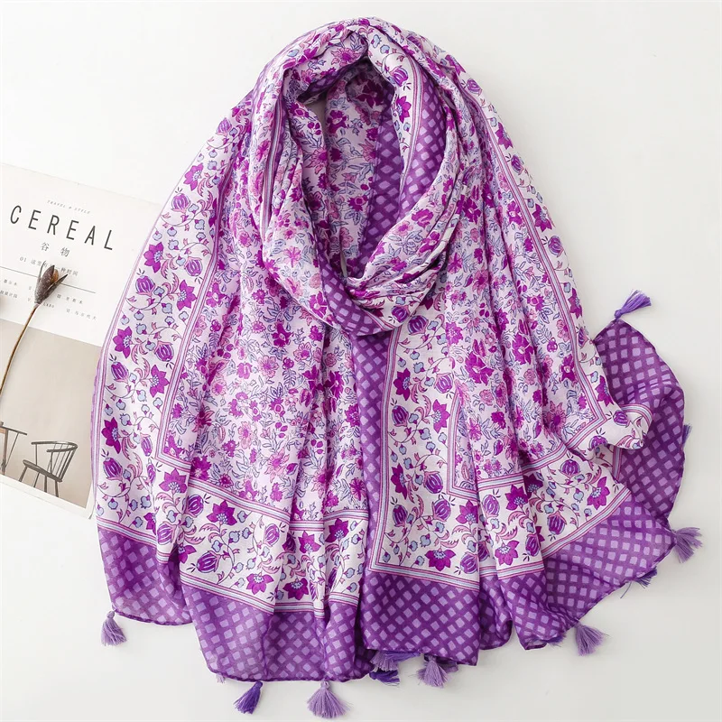 Boho Fashion Garden Floral Chain Tassel Viscose Shawls Scarf Lady High Quality Wrap Beach Stole Bufandas Muslim Hijab 180*90Cm