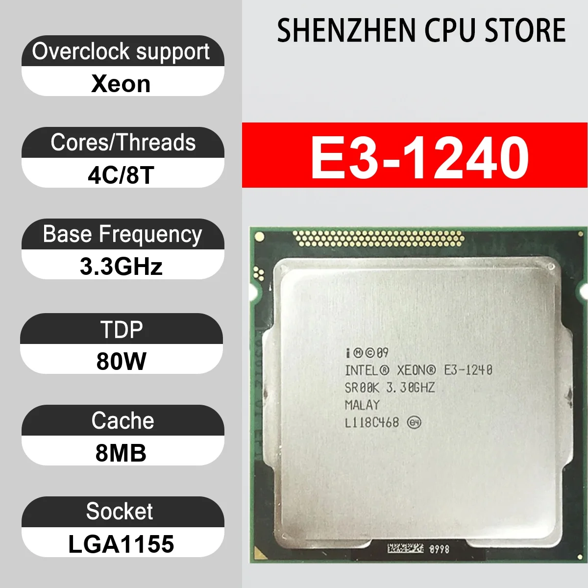 Intel Xeon E3-1240 4 Core 8 Thread 3.3GHz 80W 8MB Cache 32nm LGA1155 SR00K DDR3 1066/1333 MHz Sandy Bridge