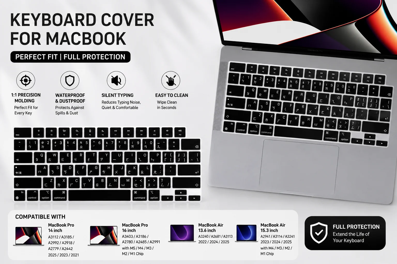 Multicolor US Taiwanese Keyboard Cover for MacBook Air Pro 13