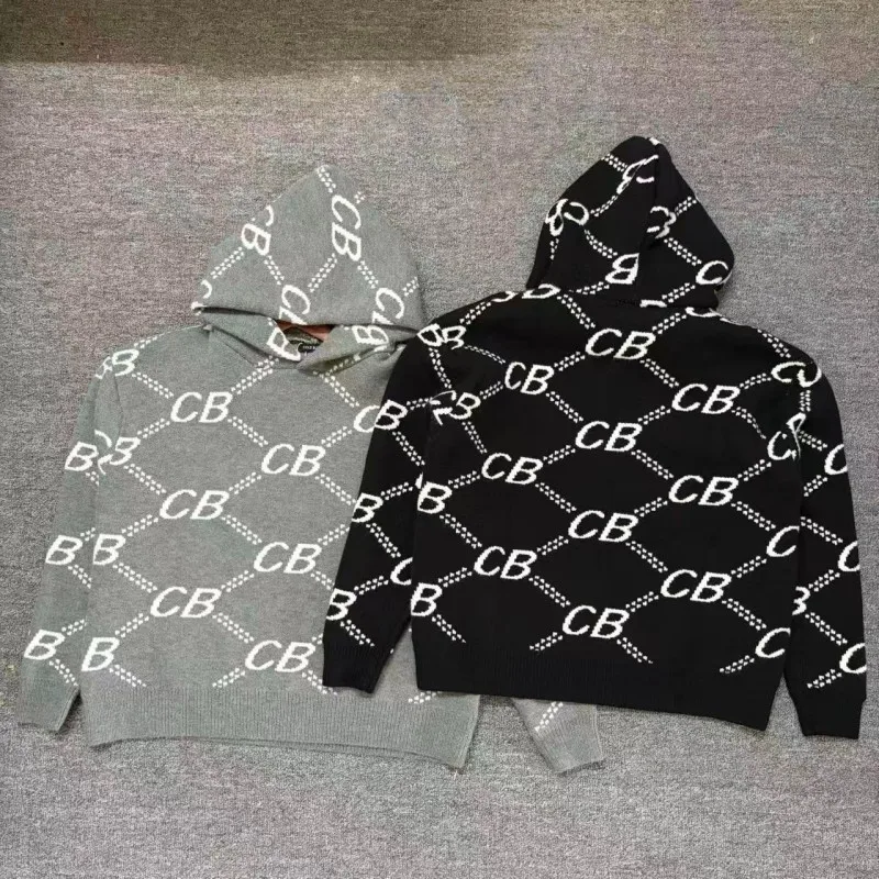 CB Letter Linked Molecular Formula Full Print Hoodie Winter Jacquard Sweater Men Women Knitted Hooded Sweatshirt Street Cleanfit