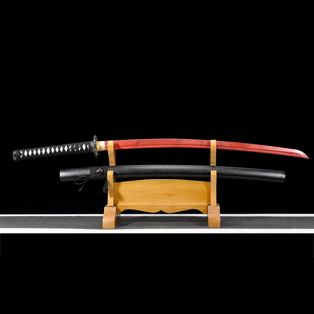 Dragon Fantastic Sword with Plastic Blade, Full Tang Japanese Swords, Katana, Wood Saya, Training Iaito, Red Color, Decoration