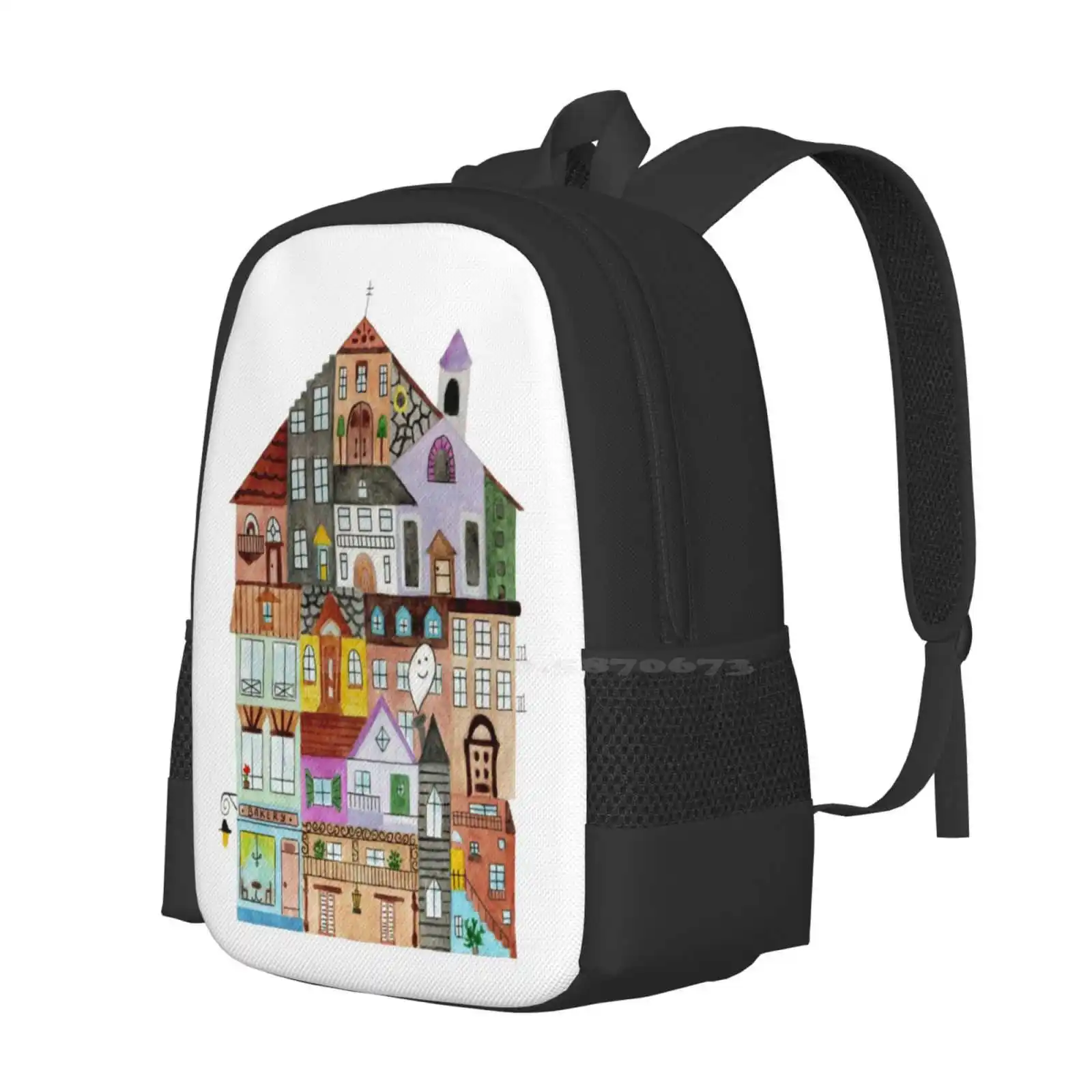 Houses Pattern Design Bagpack School Bags House Building Home Watercolor Cute Castle Old Retro Cafe Coffeeshop Bakery Roof