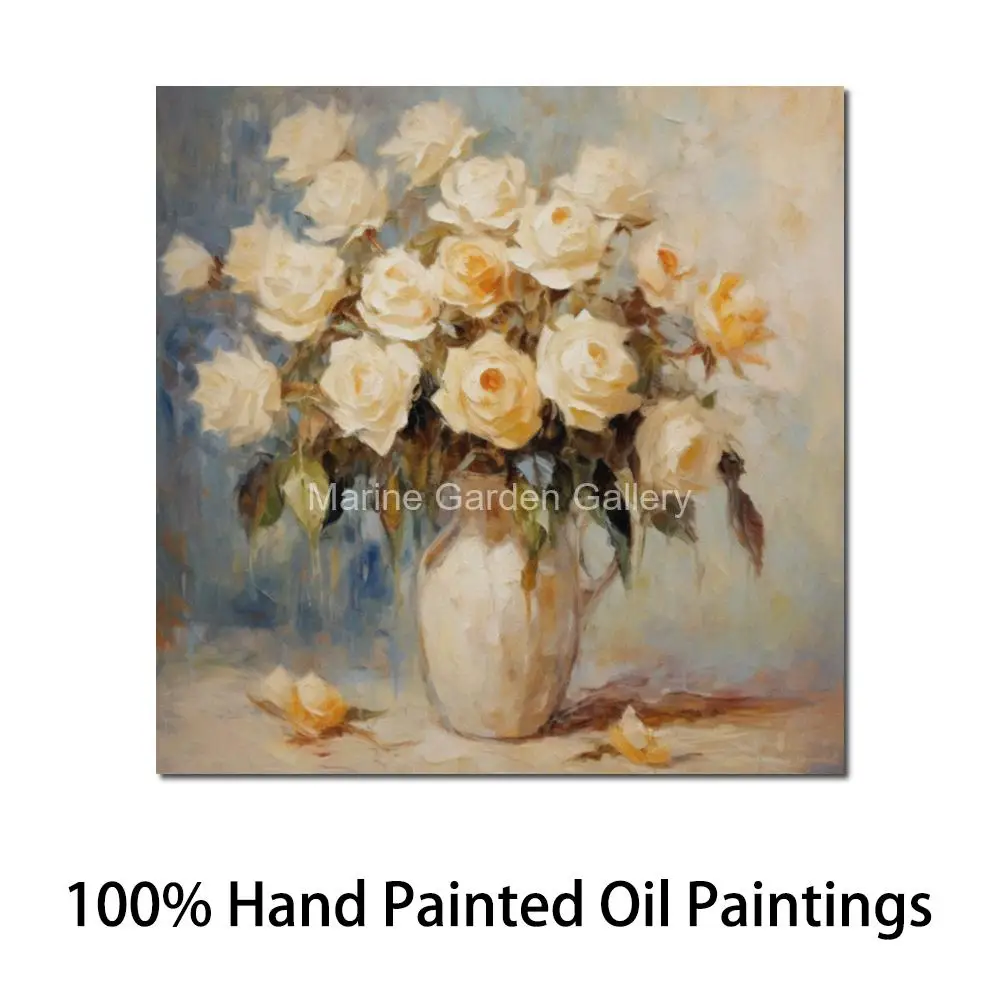 

Картина маслом «Белые розы», реалистичное искусство на холсте, ручная роспись, натюрморт с цветами, современный декор для стен спальни, музыкальной комнаты