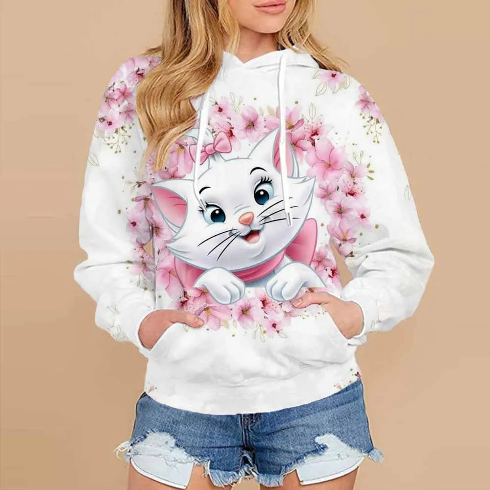 Hoodie Women\'s Round Neck Y2k Disney Mary Cat Fashion Printed Hoodie Girls\' Long Sleeve Hoodie Flower Trendy Sweatshirt