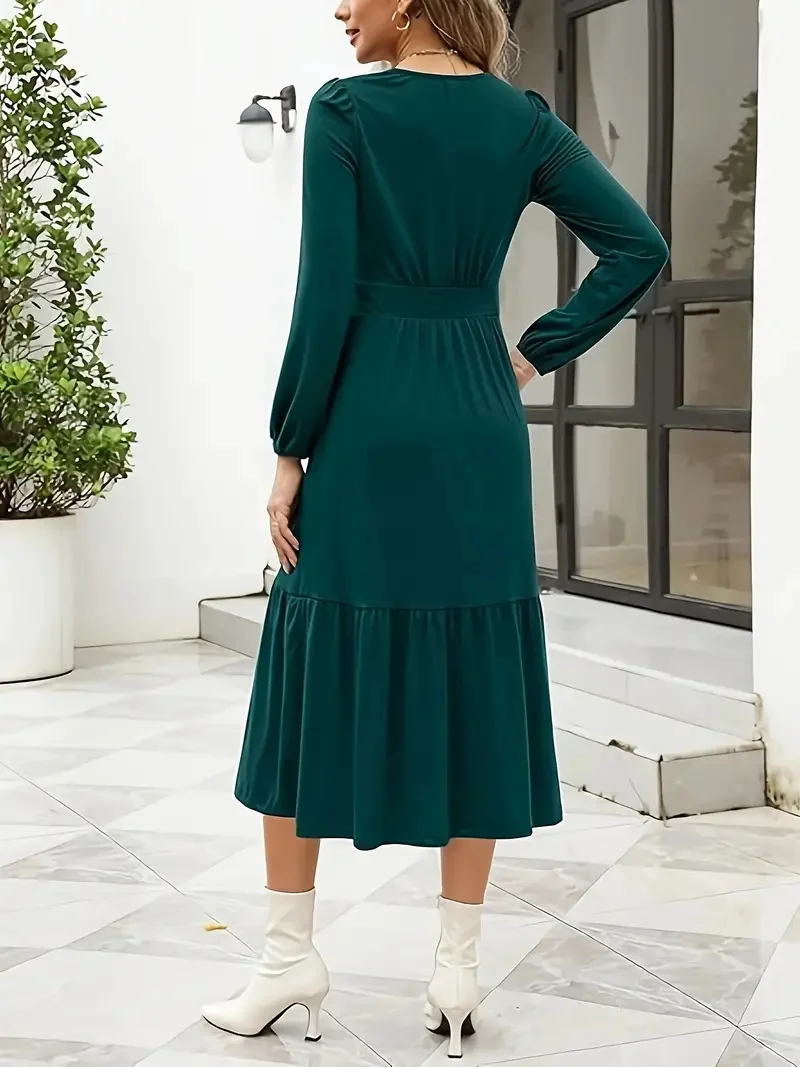 Elegant Women's V-Neck Midi Dress with Bubble Sleeves and Flowy Pleated Skirt - Perfect for Fall, Machine Washable