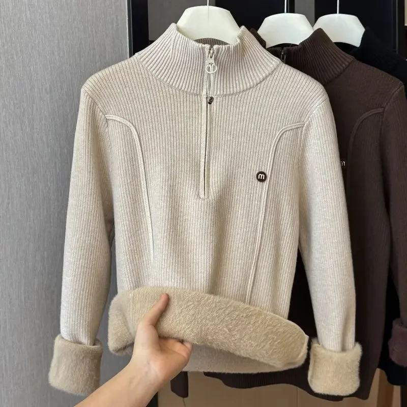 Plus Fleece Verdicken Solide Pullover Frauen Halb Hohen Kragen Stickerei Gestrickte Herbst Winter Im Freien Elastische Alle-spiel Pullover