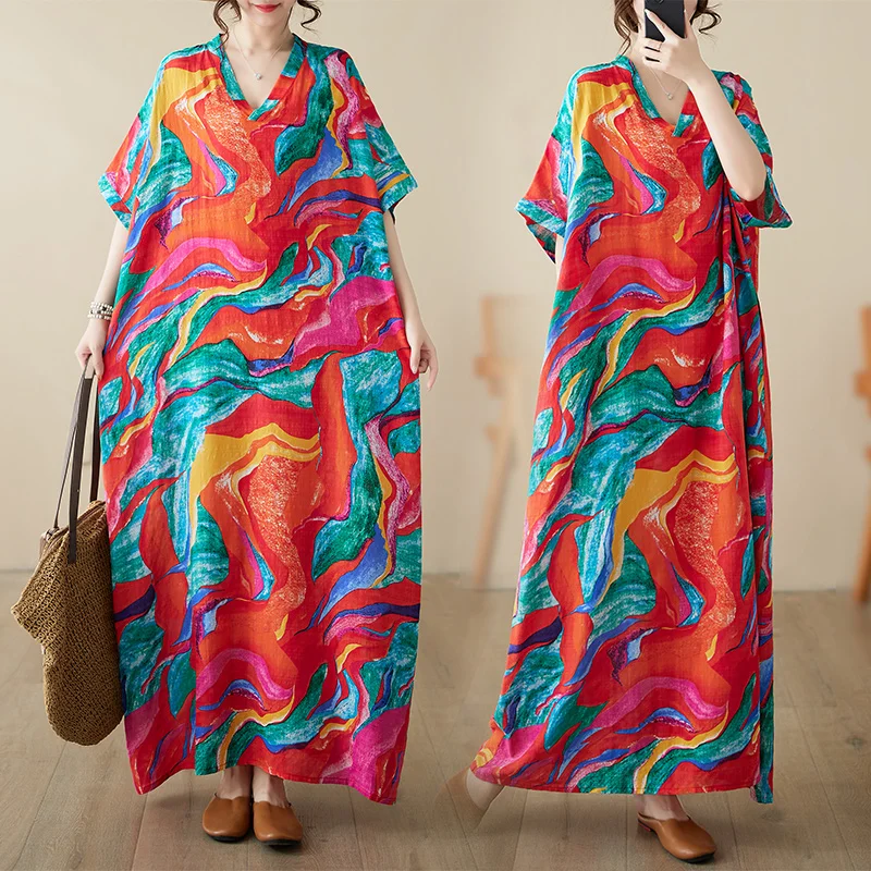 Summer Long Loose Cotton Linen Dress V-Neck Beach Vacation Style Retro Meat Concealing Robe Artistic Fashion Ladies Skirt