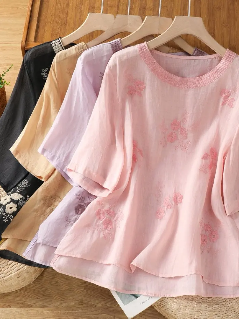 

Свободная повседневная футболка из тонкого хлопка и льна с вышивкой, женская круглая футболка больших размеров Ne ort Sve, летний топ Artistic Sle